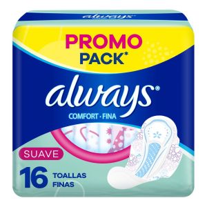 Always Comfort Fina Suave Toallas Femeninas, 16 Unidades