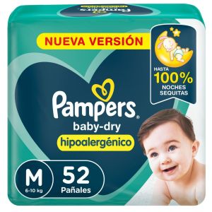 Pampers Baby Dry Hipoalergénico, Pañales Desechables Talle M 52 Unidades