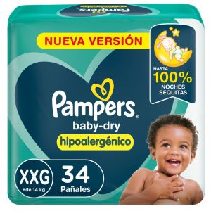 Pampers Baby Dry Hipoalergénico, Pañales Desechables Talle XXG 34 Unidades