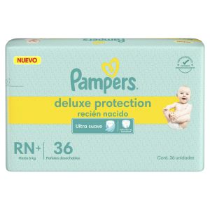 Pañales Pampers Deluxe Protection Recién Nacido. Talle RN+, 36 Unidades.
