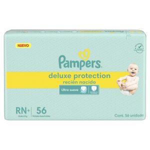 Pañales Pampers Deluxe Protection Recién Nacido. Talle RN+, 56 Unidades.
